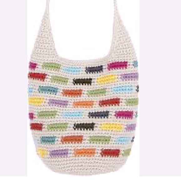 The Sak 121 Multicolor Tan Red Blue Crochet Knit Small Boho Crossbody Bucket Bag - Picture 4 of 13